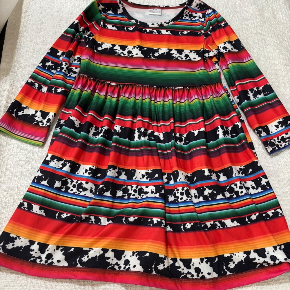 Kids Serape Cow Print Long Sleeve Dress Western Fiesta Multi-Color Size 5-6Y
